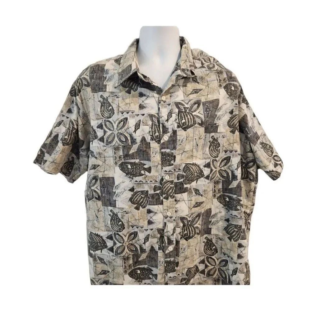 Vintage 80s RJC Hawaiian Gray Blue Short Sleeve Aloha Shirt 2XL Turtle Fish